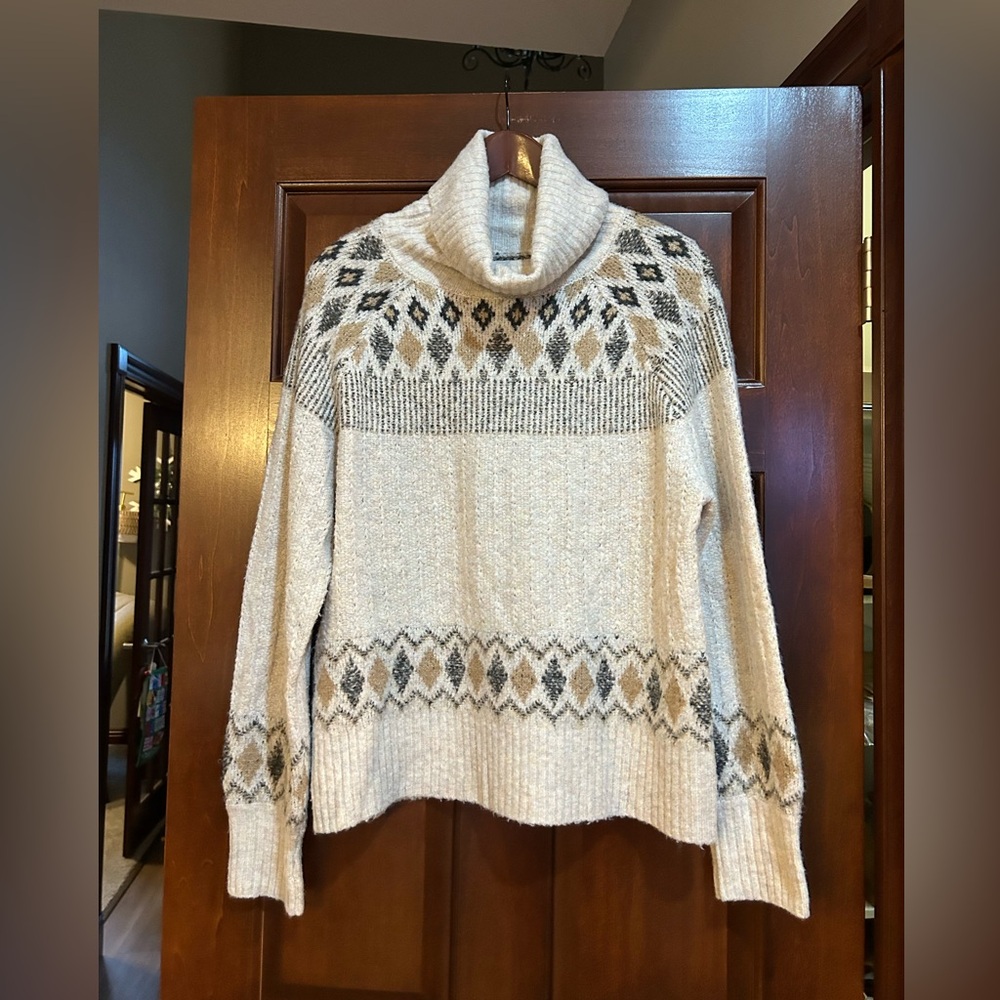 Atelier Nicole Miller Large Fair Isle Turtleneck Sweater Nordic Chunky Knit